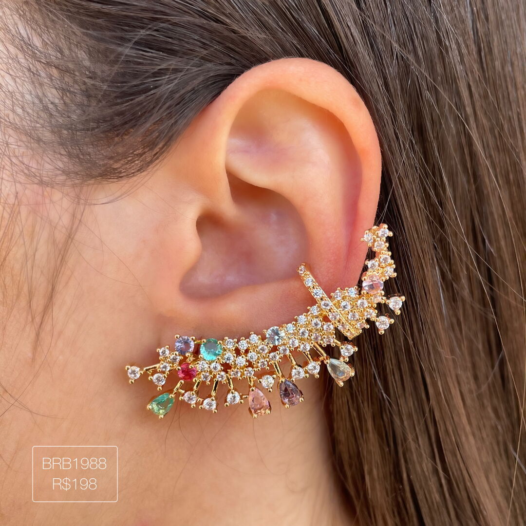 Brinco Ear Cuff Luxo c/ Gotas e Reds Rainbow Cravejado Cristal Dourado